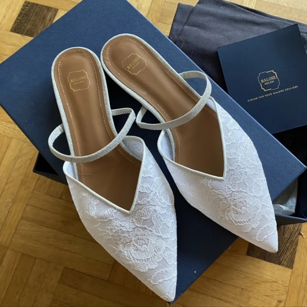 Malone Souliers White Lace Pointed Flats Size 39